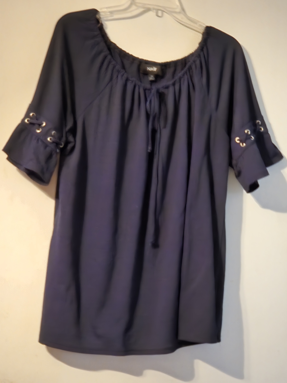 Navy Short-Sleeve Peasant Tie-Neck Tunic